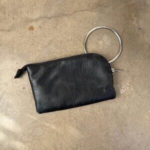 Black Faux Leather Ring Handle Clutch Zip Wallet Pouch